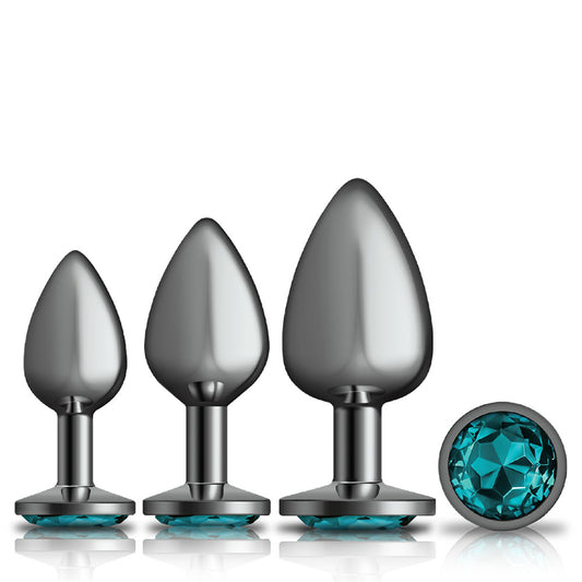 Cheeky Charms - Metal Butt Plug Gunmetal - Round - Teal - Anal Trainer Kit VB-CC9150