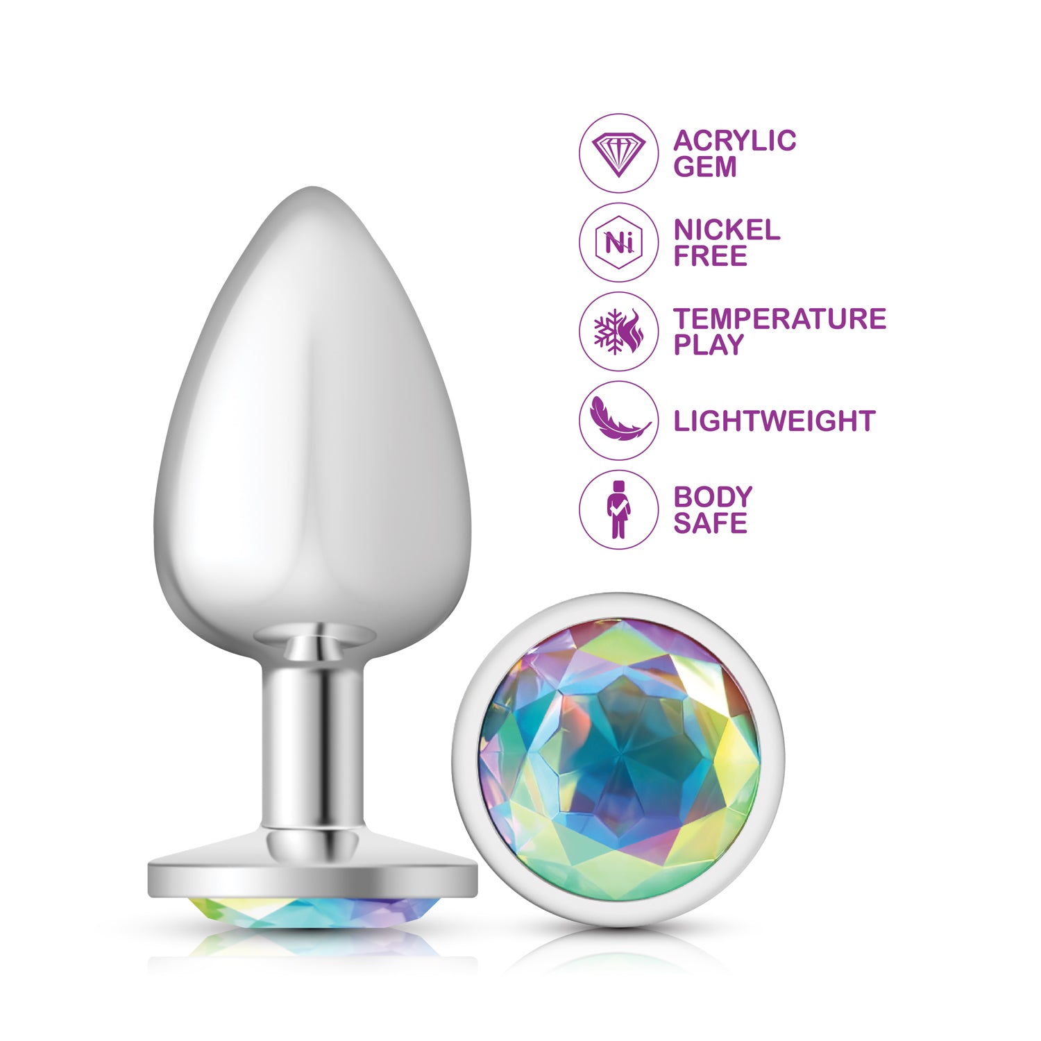 Clear Iridescent Round Gem Silver Metal Plug - Lg