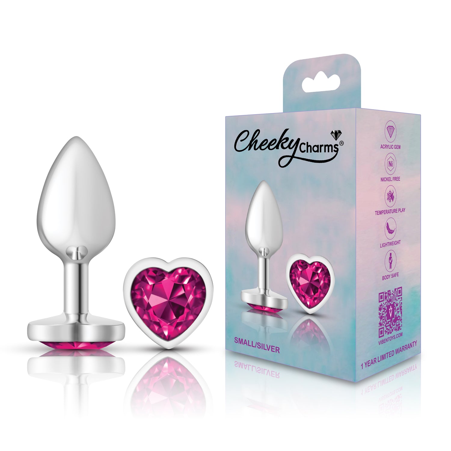 Bright Pink Heart Gem Silver Metal Plug - Sm