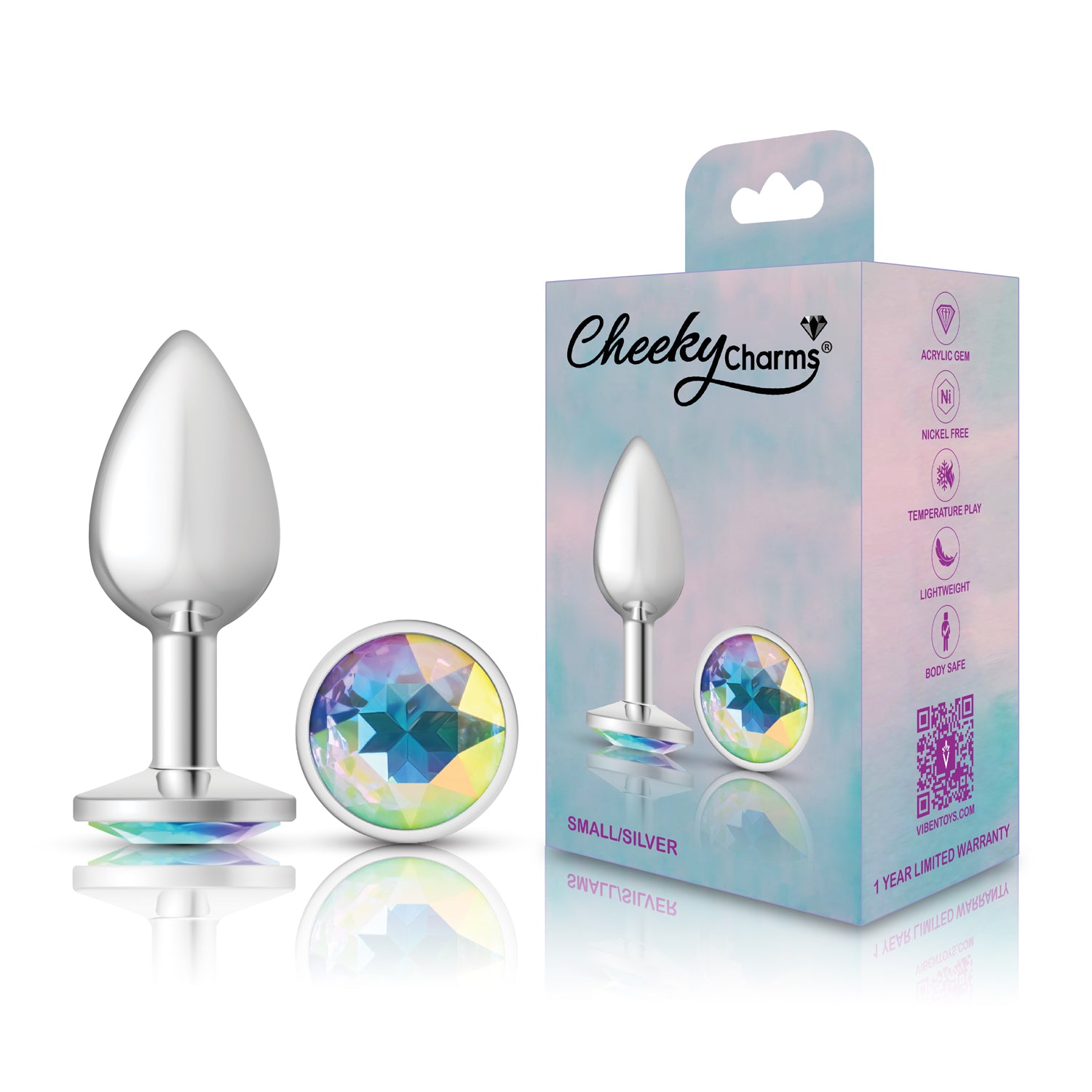 Clear Iridescent Round Gem Silver Metal Plug - Sm