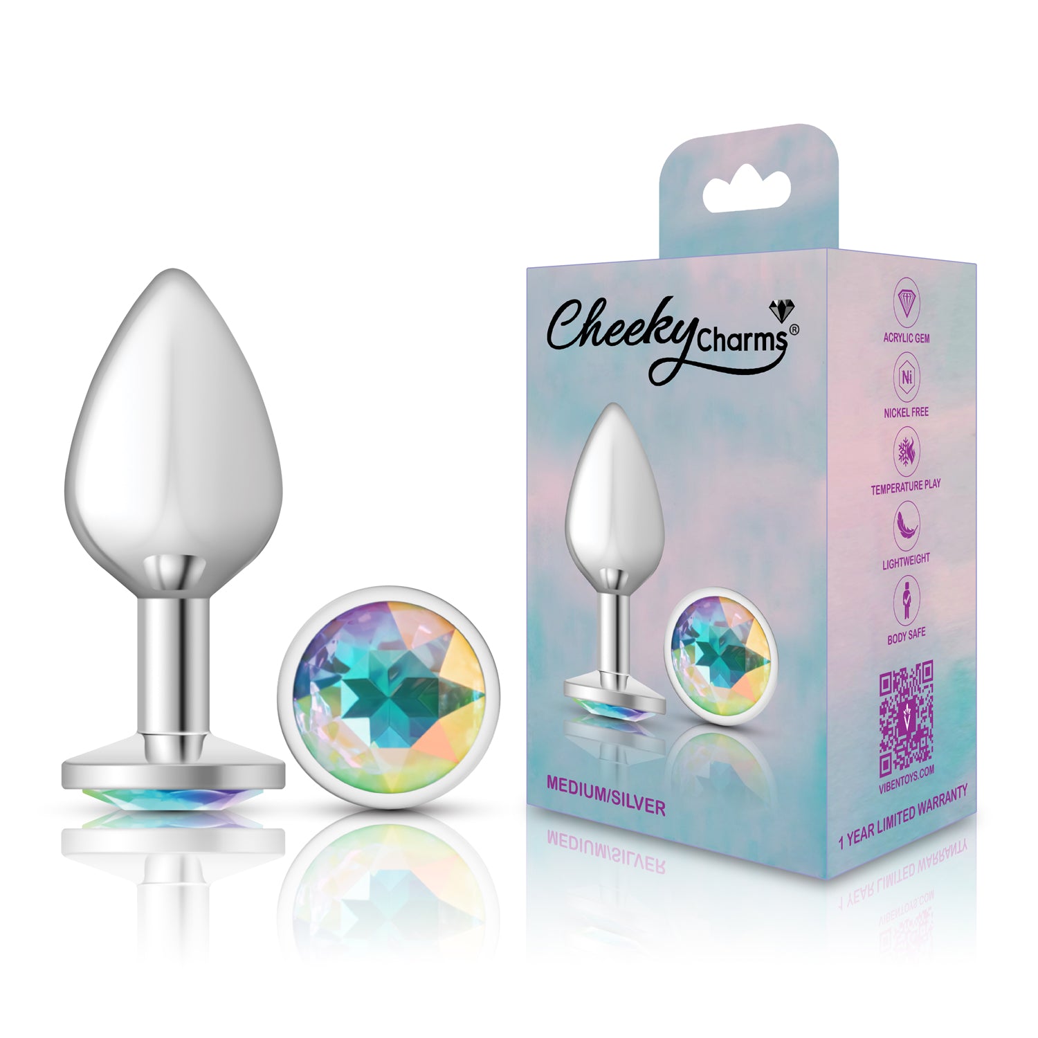 Clear Iridescent Round Gem Silver Metal Plug - Md