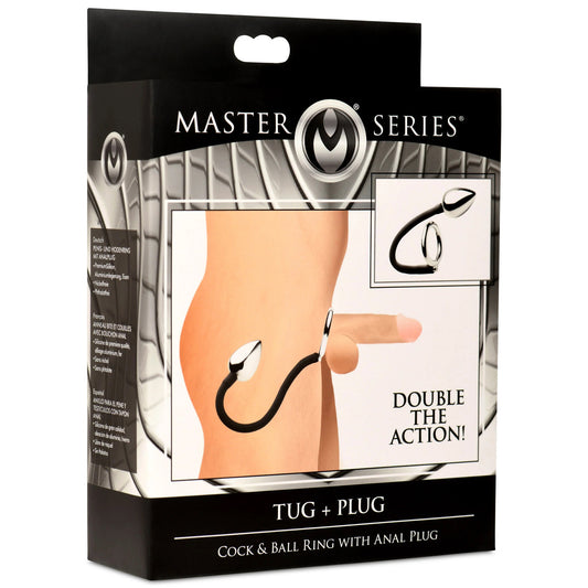 "Tug Plus Plug Cock and Ball Ring With Anal Plug - Black MS-AH347"