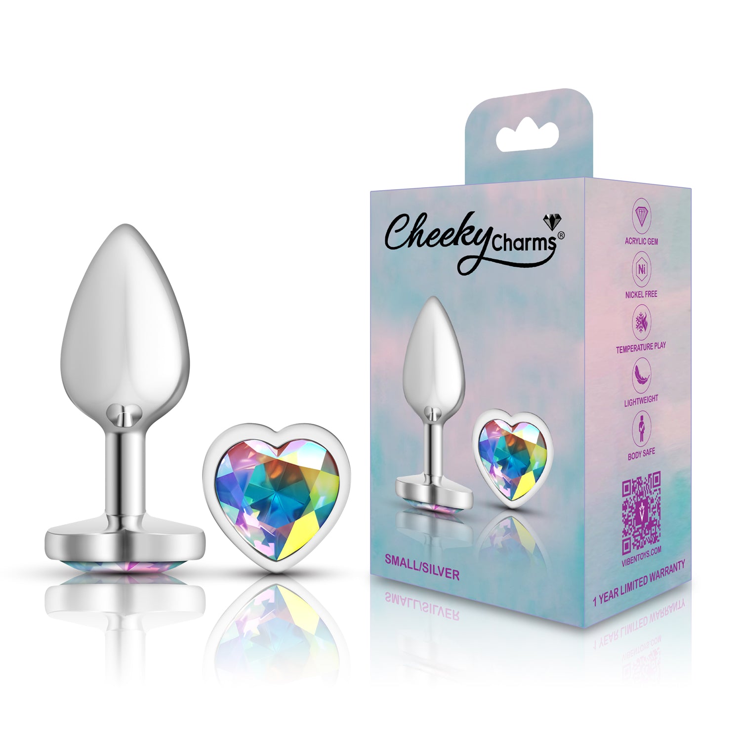 Clear Iridescent Heart Gem Silver Metal Plug - Sm