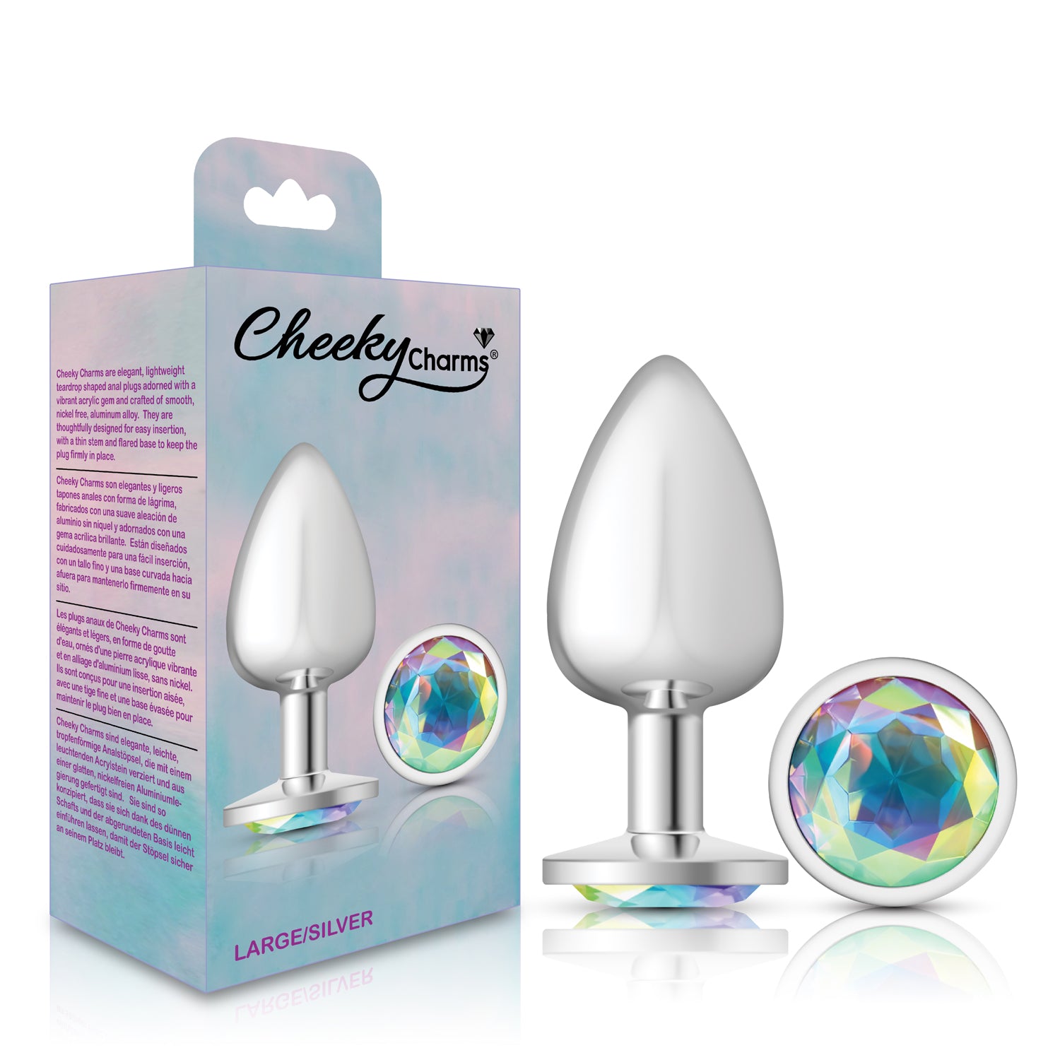 Clear Iridescent Round Gem Silver Metal Plug - Lg