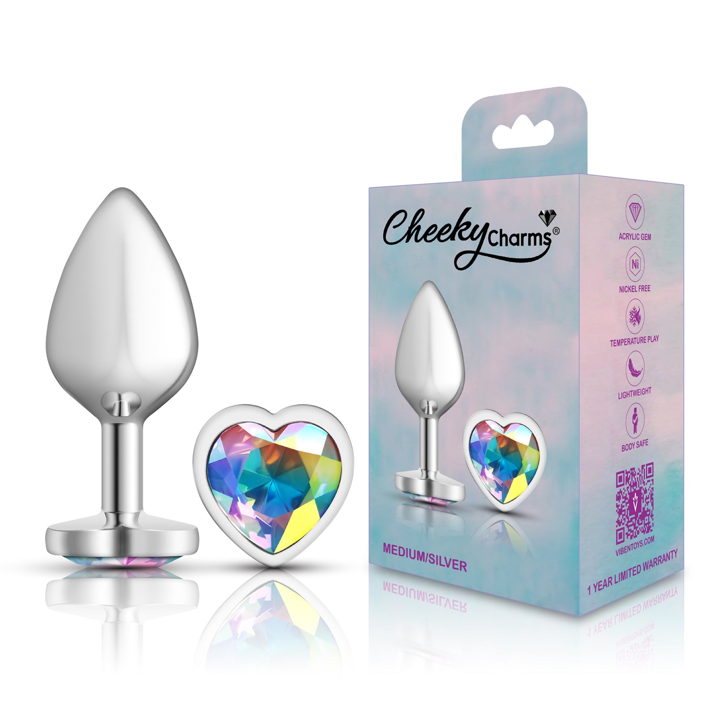 Clear Iridescent Heart Gem Silver Metal Plug - Md
