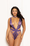 "Lace and Strappy Elastic Teddy With Collar - One Size - Purple STM-11603PPUOS"