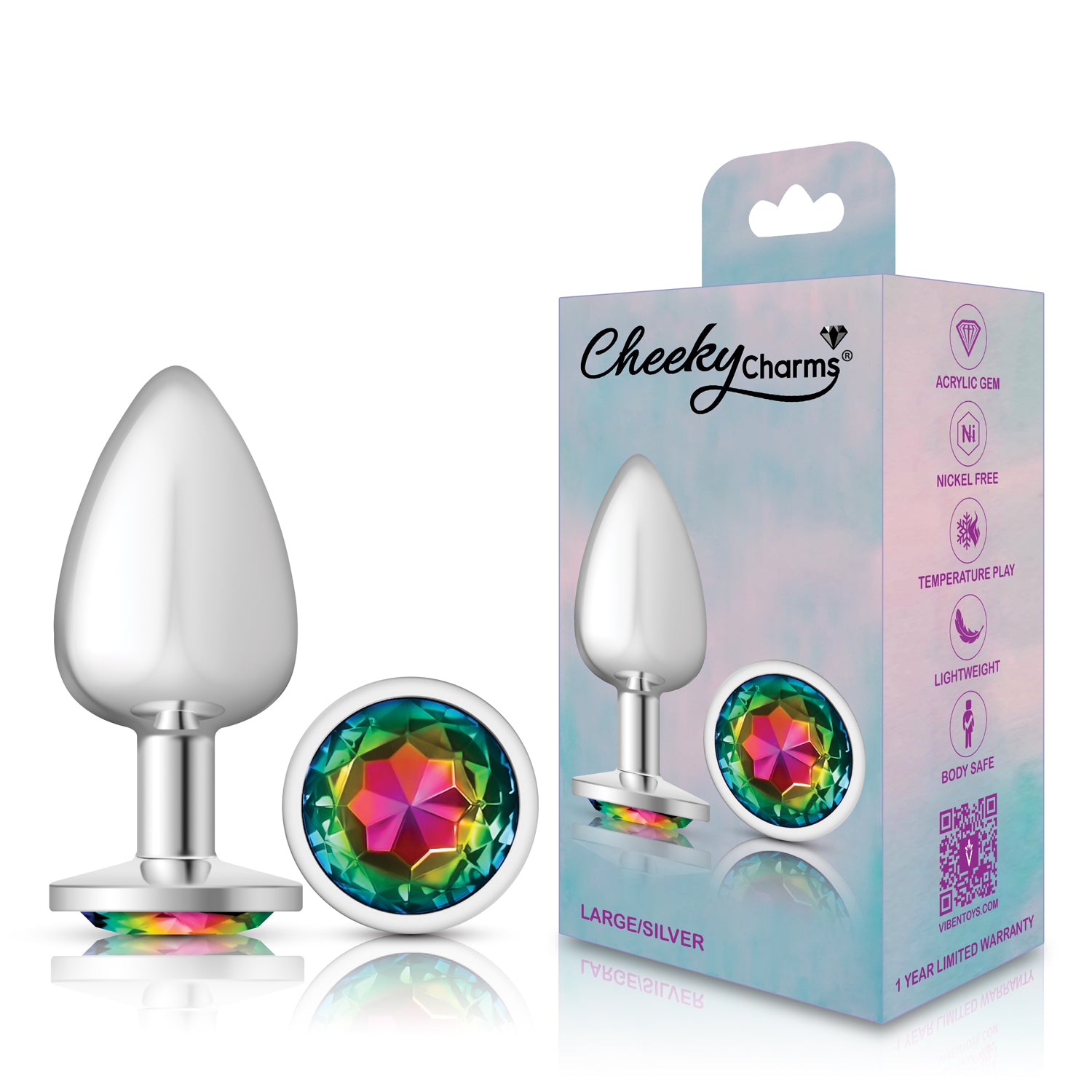 Rainbow Round Gem Silver Metal Plug - Lg