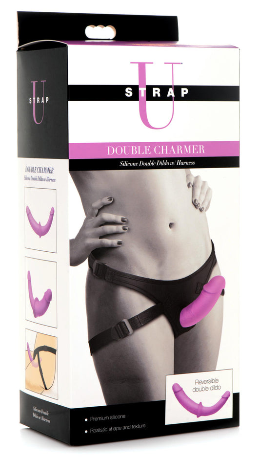 "Double Charmer Silicone Double Dildo With Harness - Purple SU-AG912"