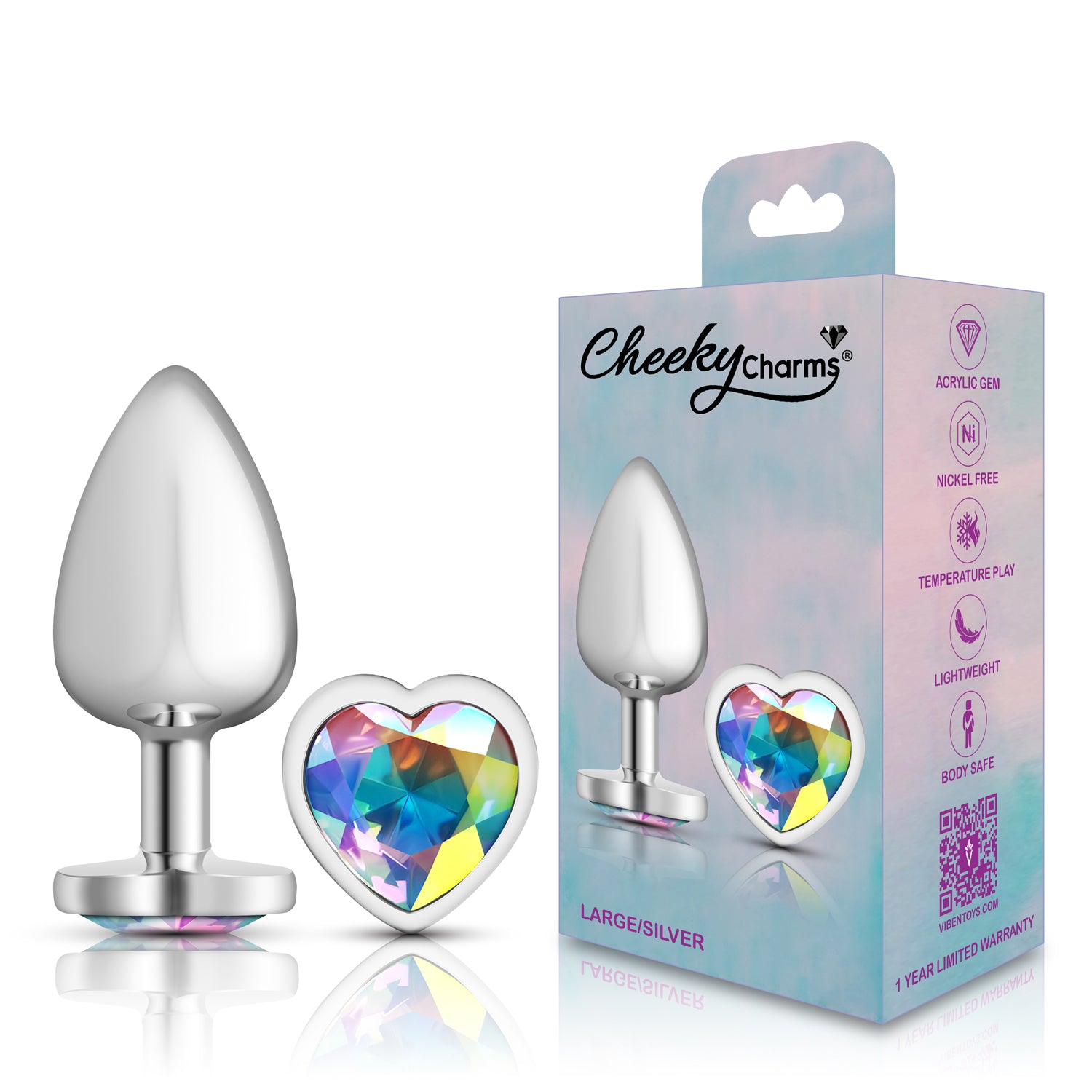 Clear Iridescent Heart Gem Silver Metal Plug - Lg