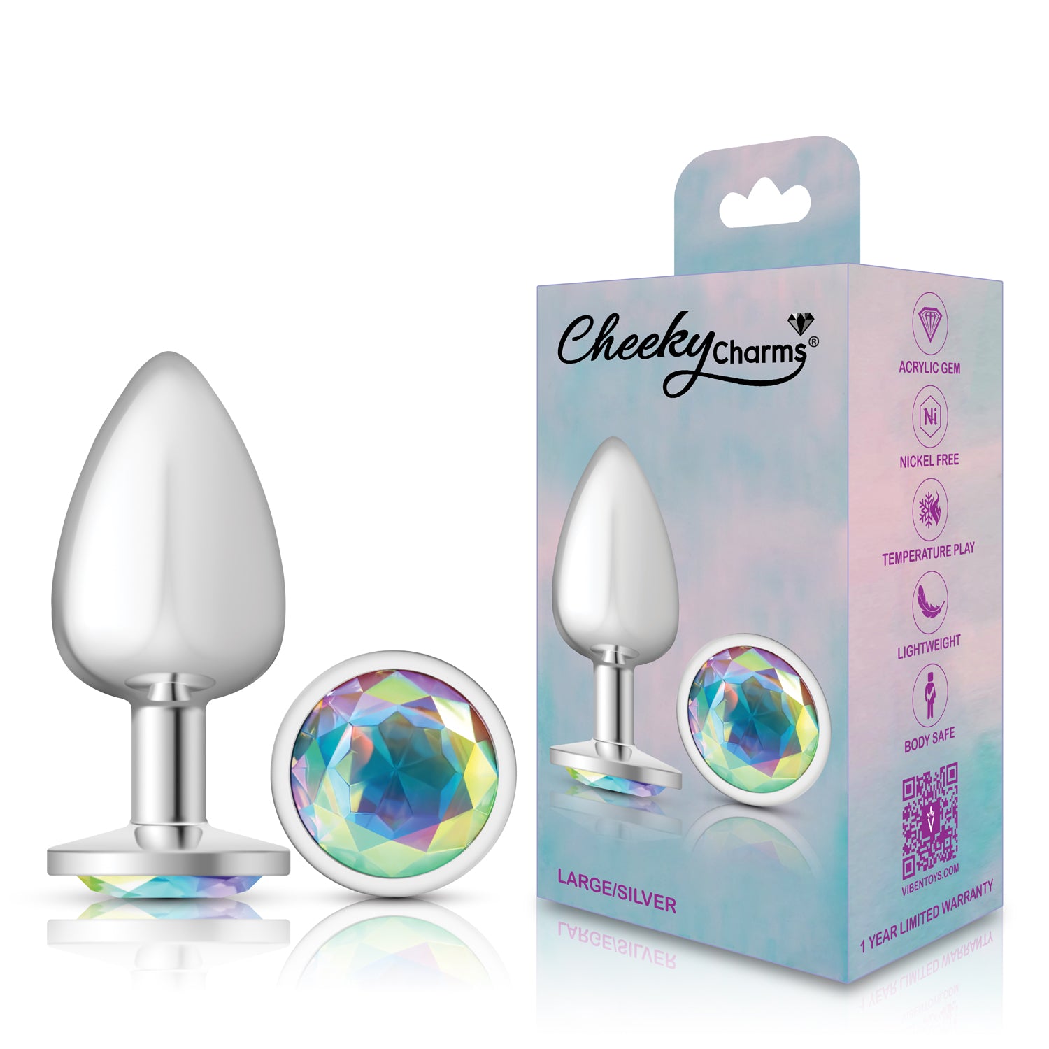 Clear Iridescent Round Gem Silver Metal Plug - Lg